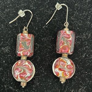 Vintage Pink and Silver Glass Dangle Earrings